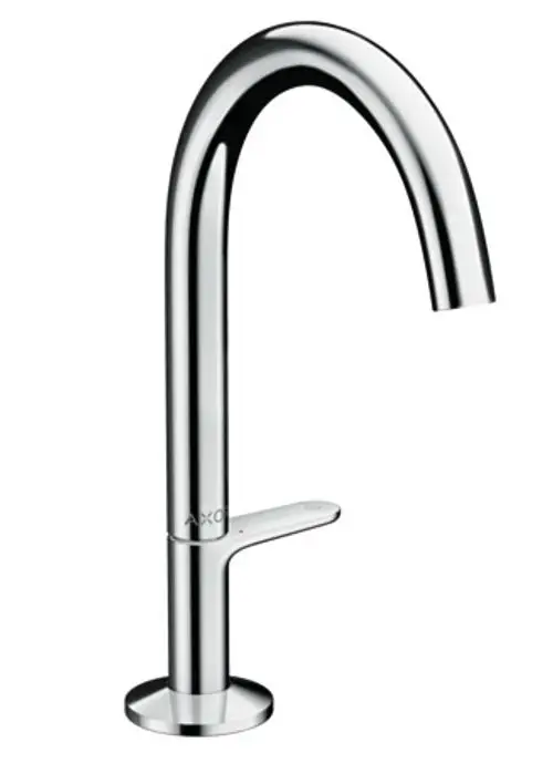 Waschtischmischer von AXOR in chrom, mit hohlem, gebogenem Auslauf und einem einheitlichen Hebel für die Steuerung des Wasserflusses.